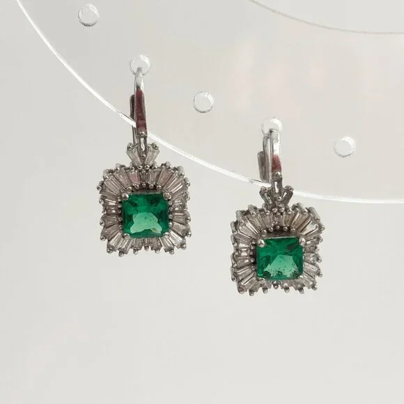Art Deco Style Vintage Green CZ Sterling Silver Vintage Earrings - Picture 2 of 10